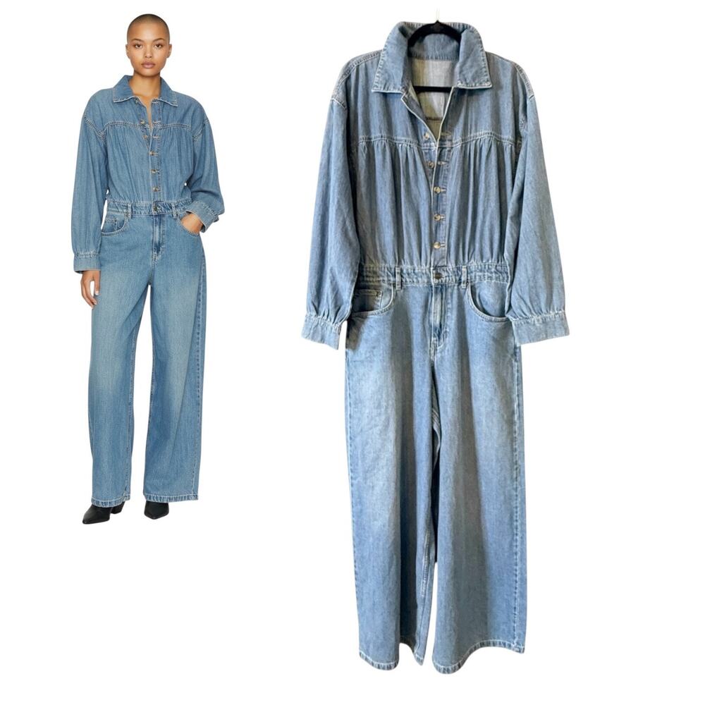 We The Free People Carpe Diem One Piece Denim Large Jumpsuit Light Wash Wide Leg